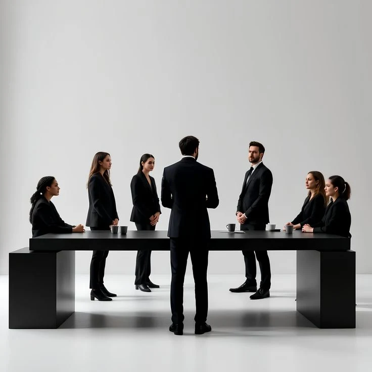 A professional group gathers around a shared table for a structured discussion.