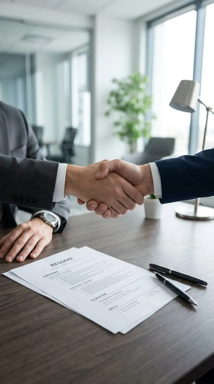 Two professionals review a candidate document after a formal discussion.