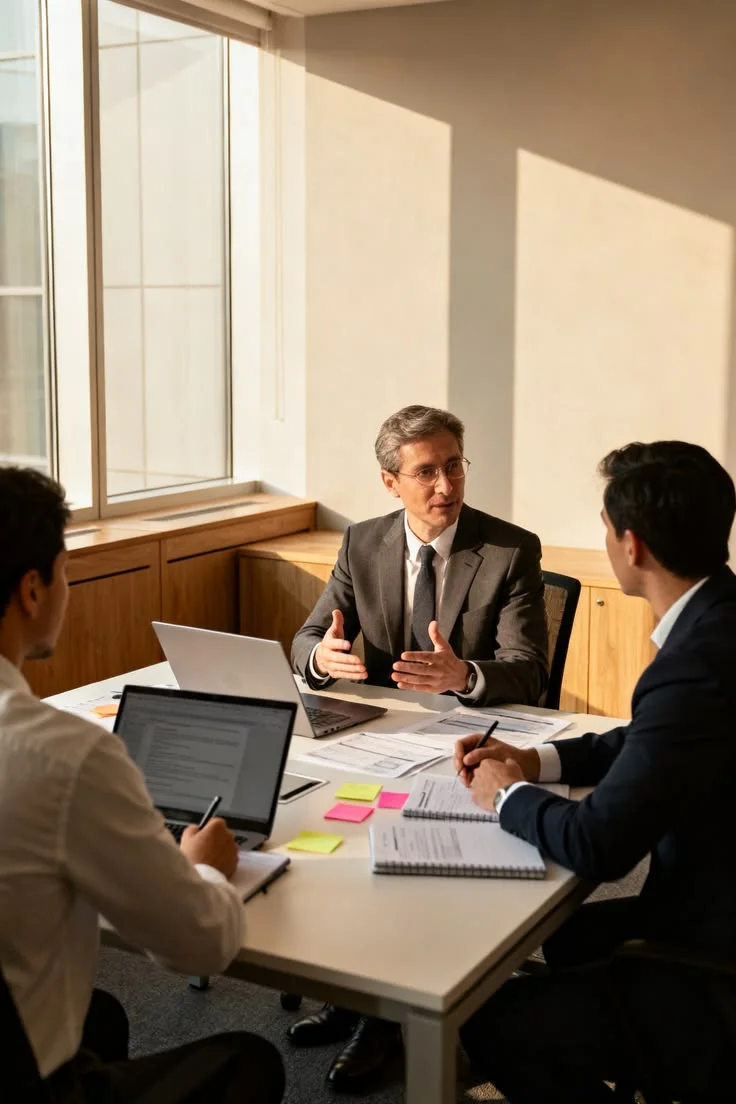 A cross-disciplinary team reviews plans together around a worktable.