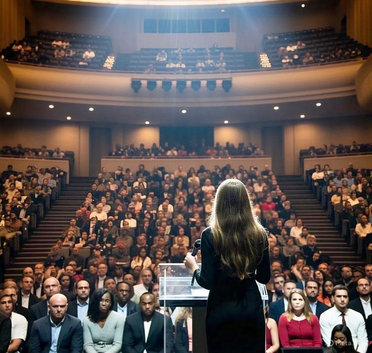 A speaker addresses a large audience in a tiered auditorium.